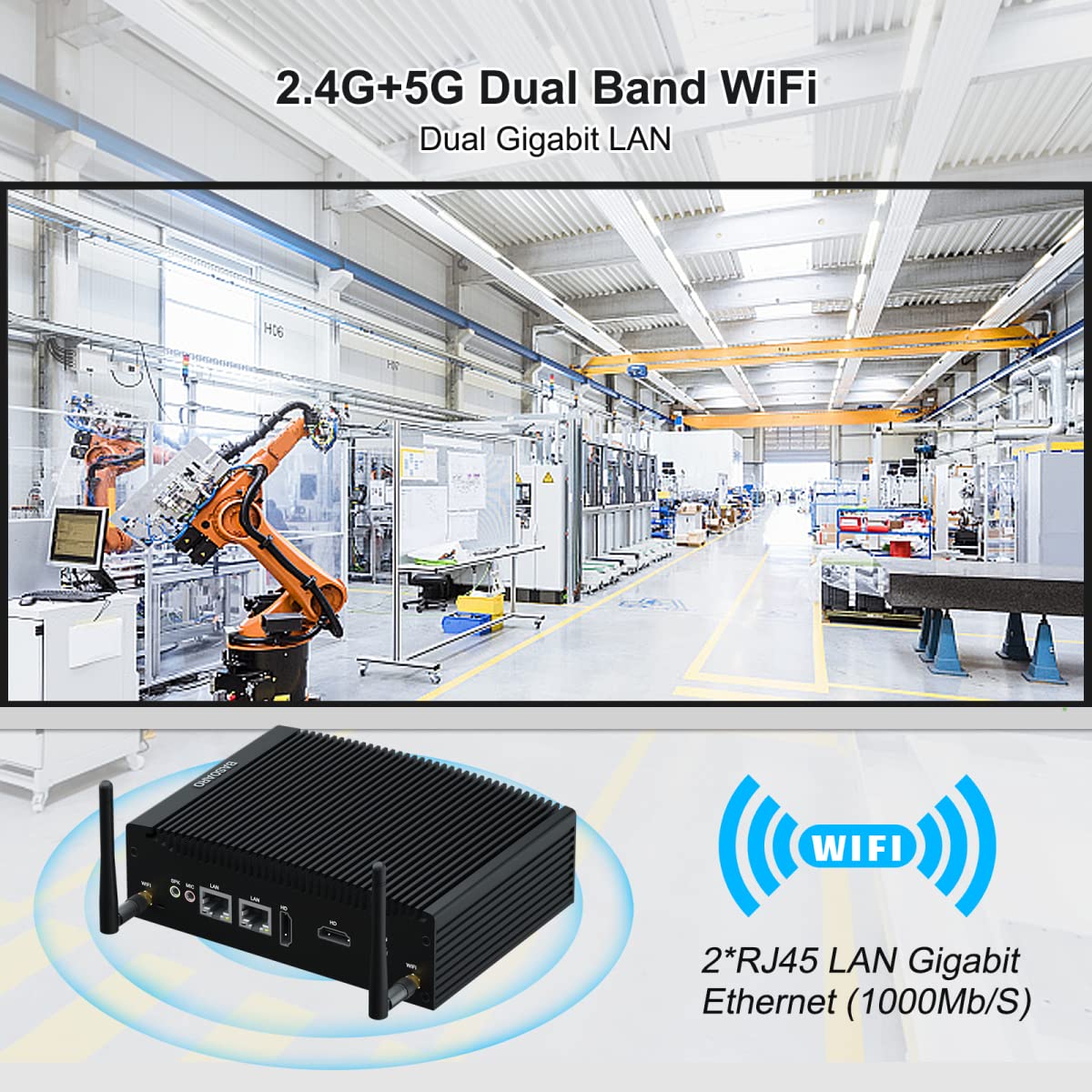BASOARO Lüfterloser Industrie Mini PC i5, Mini PC Win 11 Pro, 16GB RAM 256GB SSD Core i5 8350U Industrie Computer mit RS232, Dual RJ45 LAN, 2 HD Displays, USB 3.0, Dualband WLAN, BT 7