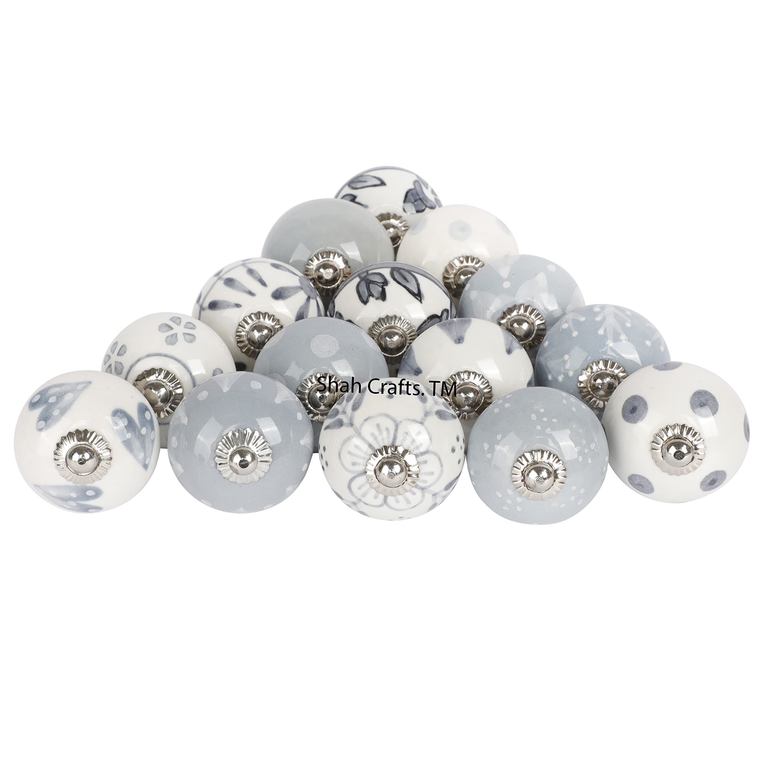 Shah Crafts. Ceramic Door Knobs, Grey and White Premium Quality Assorted Designs Handmade Vintage, Shabby Chic, Interior Furniture, Cabinet Cupboard Wardrobe Drawers Pulls Handles (Pack of 20)