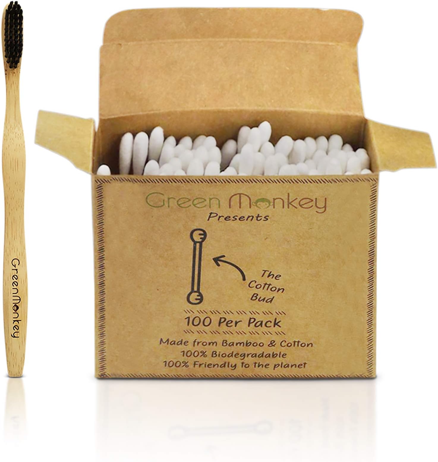 Biodegradable Wooden Natural Eco Friendly Bamboo Toothbrush & 100 Pack Cotton Ear Buds - Free Carry Travel Bag - Recyclable/Sustainable/Disposable/Adult (1 Adult Toothbrush & 1 x Cotton Buds)
