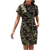 GORGLITTER Women's Camo Camouflage Dress Short Sleeve Round Neck Army Fatigue Tunic Dresses