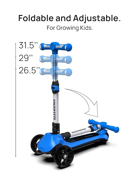 ELECOSMOS KIDS ELECTRIC SCOOTER FOR AGE 4-9, LIGHT UP 3 WHEELED SCOOTER WITH BIG LED WHEELS, FLASHING DECK, 3 ADJUSTABLE HEIGHTS, LIGHT UP 3-WHEELS SCOOTERS, BALANCE TRAINING SCOOTER FOR KIDS, BLUE
