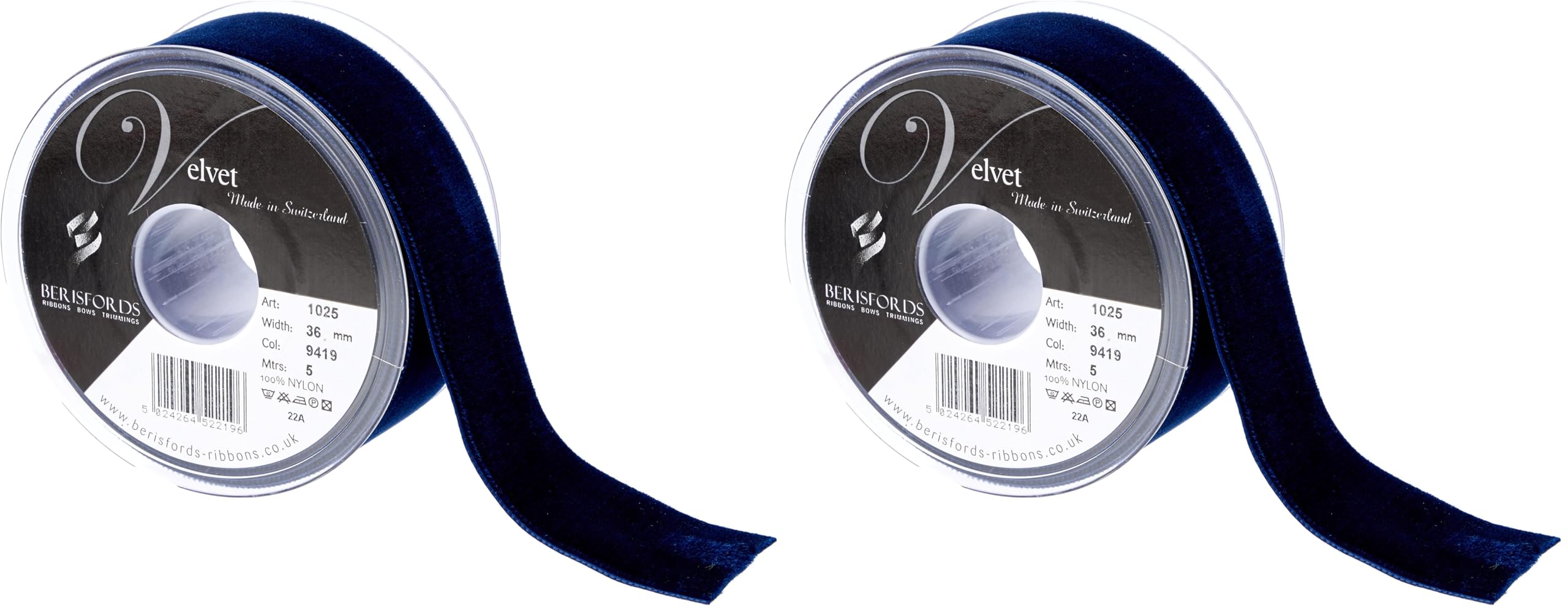 Berisfords Velvet Ribbon, Navy, 36mm X 5m (Pack of 2)