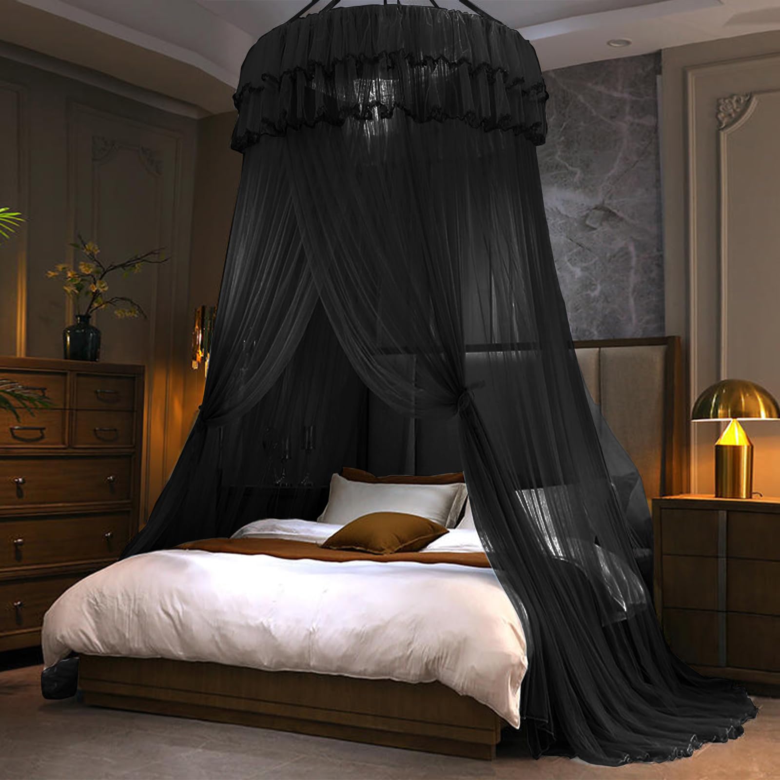 Photo 1 of ** minor tear **Kertnic Mosquito Net Bed Canopy for Girls, Princess Canopy Bed Curtain Fine Sheer Mesh Dome Bed Canopies, Kids & Adults Lace Tent for Twin Full Queen King Bed (Black)