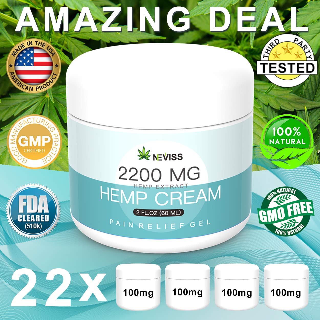 Pain Relief Hemp Cream 2200 MG, Natural Hemp Herbal Extract Cream for Neck Knee Joint Back Ankle Nerves Pain, Premium Hemp Cream for Inflammation & Sore Muscles - Made in USA