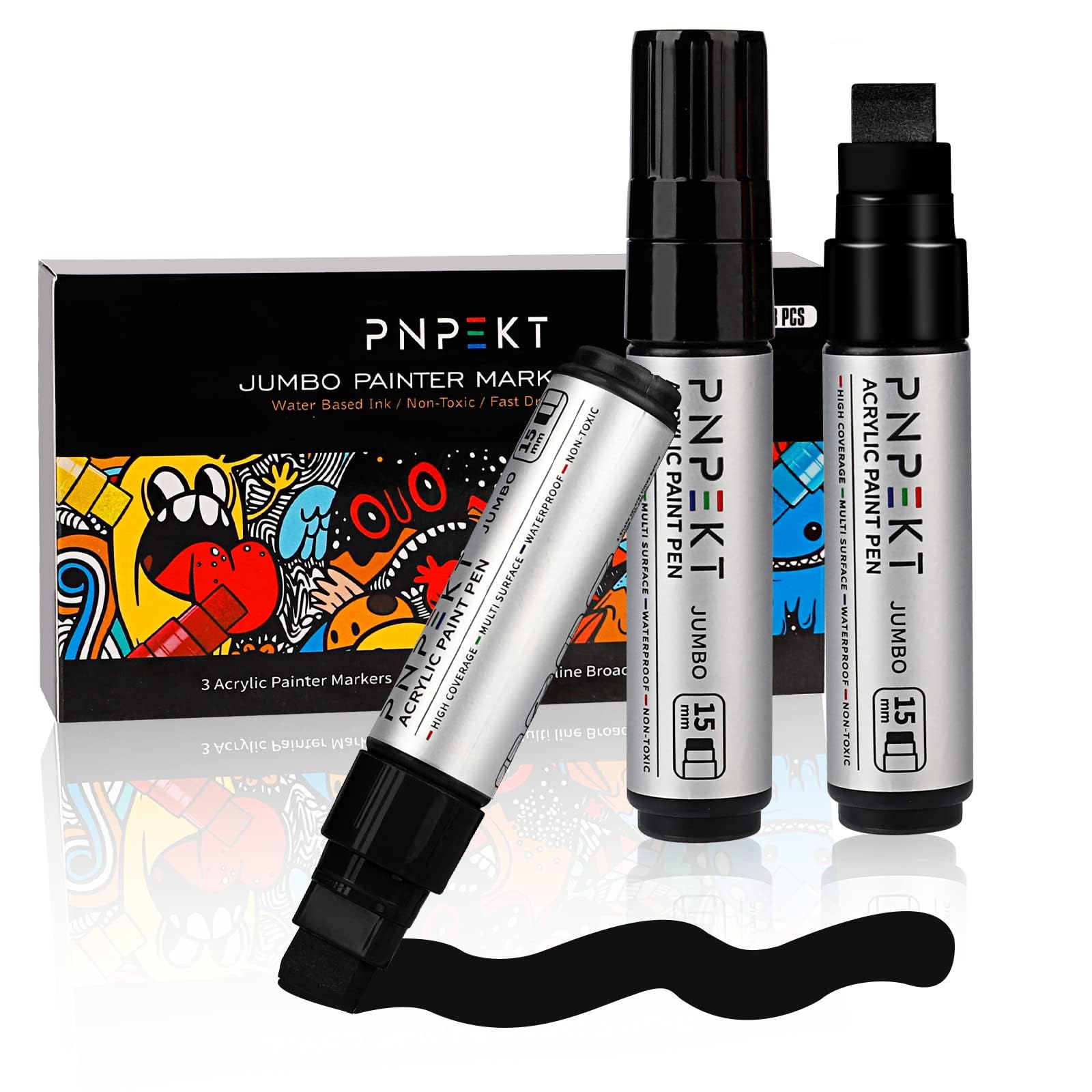 Acrylic Marker Wide 3-in-1 Chisel Tip 15 mm Acrylic Pen Waterproof and Acrylic Pens for Stones Wood Window Acrylic Colours White Waterproof Black x 3