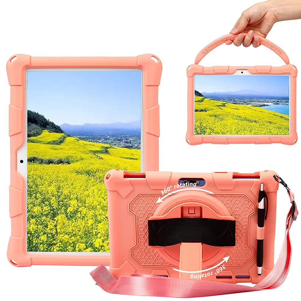 Sfulatdc Silicone Tablet Case with 360 Rotating Kickstand Strap/Shoulder Strap/Handle Compatible with Victbing 10, BENEVE 10.1,Dragon Touch Notepad K10/Max10 Pink