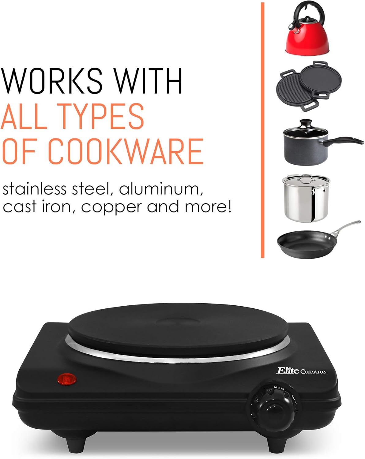 Elite Gourmet Single Electric Flat Cast Iron Heating Plate Burner Power Indicator Light, Non-Skid Feet, Easy To Clean, Black: Electric Countertop Burners: Kitchen & Dining