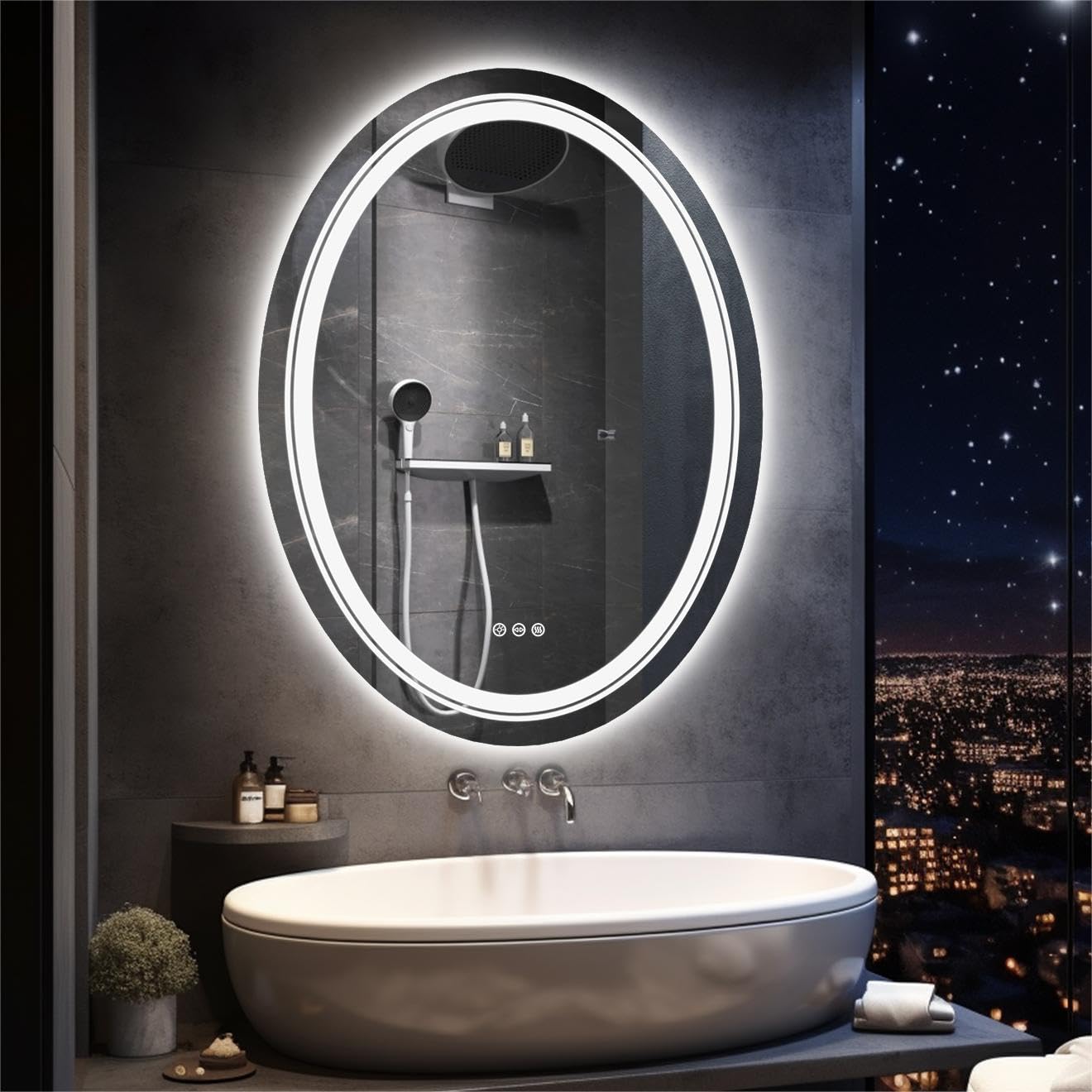 LUVODI LED Lighted Bathroom Mirror: 500x700mm Oval Makeup Mirror with Dimmable LED Light Anti-Fog Smart Touch Sensor Memory Function Wall Vanity Shaving Mirror, Backlit + Front Lighted