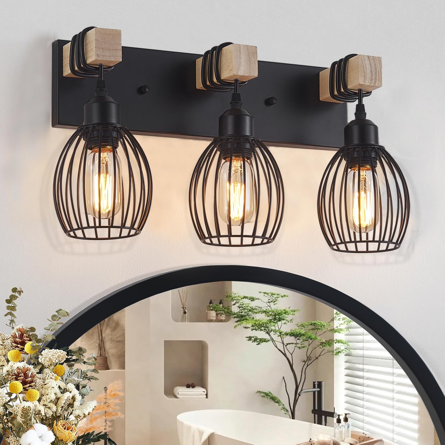 Photo 1 of A1A9 Farmhouse Bathroom Vanity Light, 3-Light Rustic Wood Bathroom Lighting Fixtures Over Mirror, Industrial Black Vanity Lights with Elegant Teardrop Lampshade for Bedroom Living Room Hallway