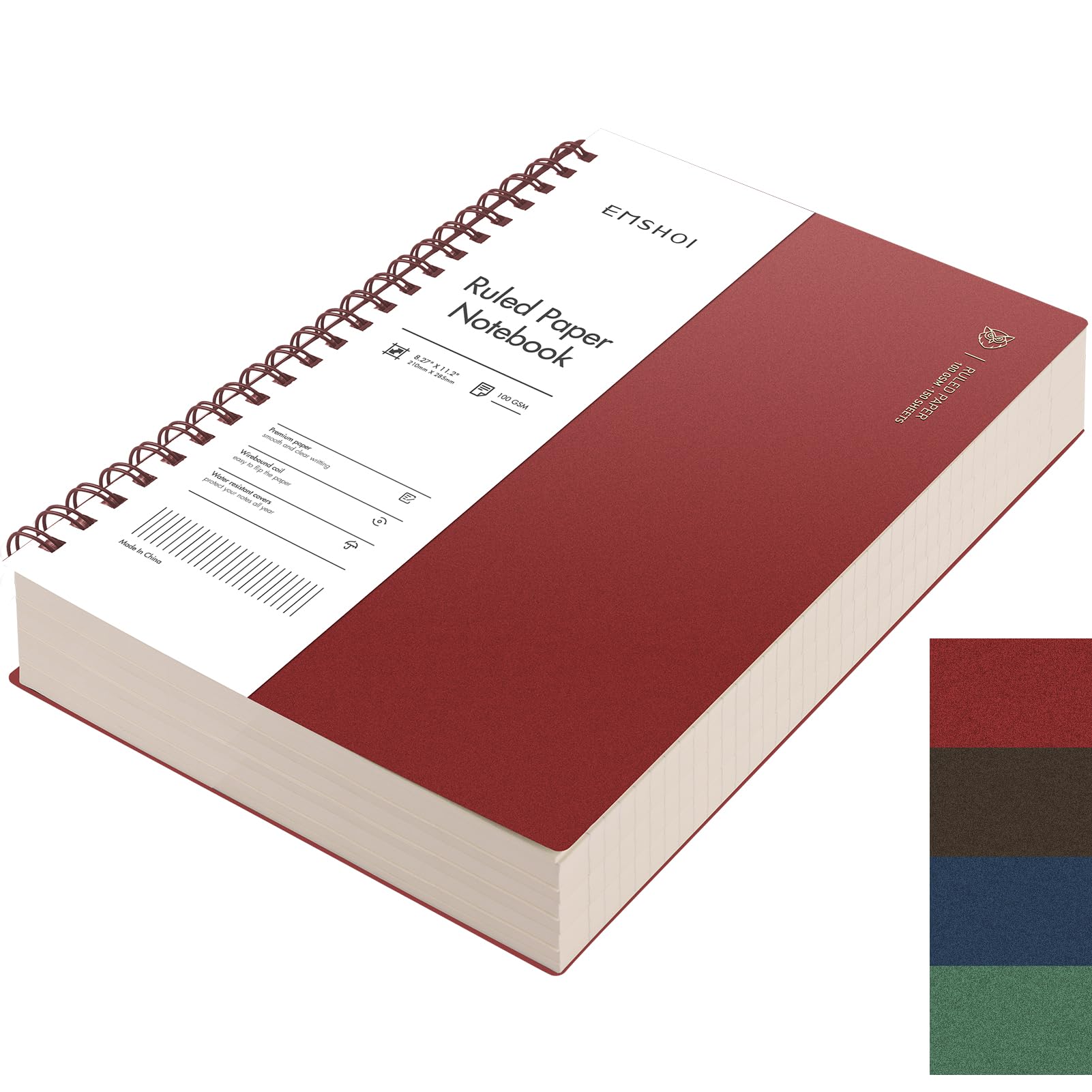 EMSHOI A4 Notebook Lined 300 Perforated Pages/150 Tear Sheets, Wirebound Spiral Notepad, 100gsm Thick Paper, Waterproof Softcover, Writing Journal for Work Office School, 21.5x27.9cm, Wine Red