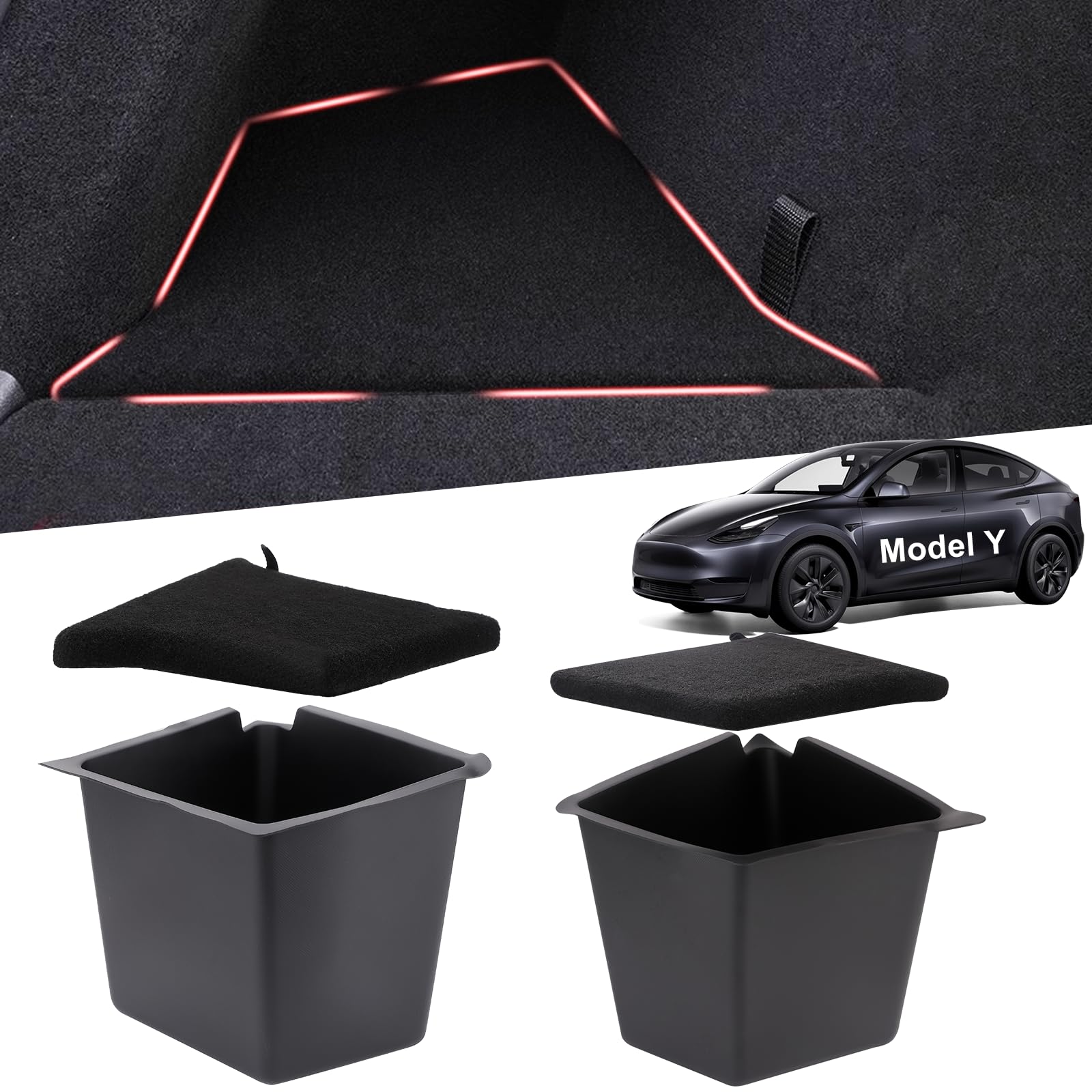 Photo 1 of KSIAOS Fit 2020 2021 2022 Tesla Model Y Trunk Storage Bins with Lids Waterproof Side Storage Box Rear Trunk Organizer for Tesla Model Y Accessories Trunk Organizer 2 PCS (5-Seater, Before July 2022)