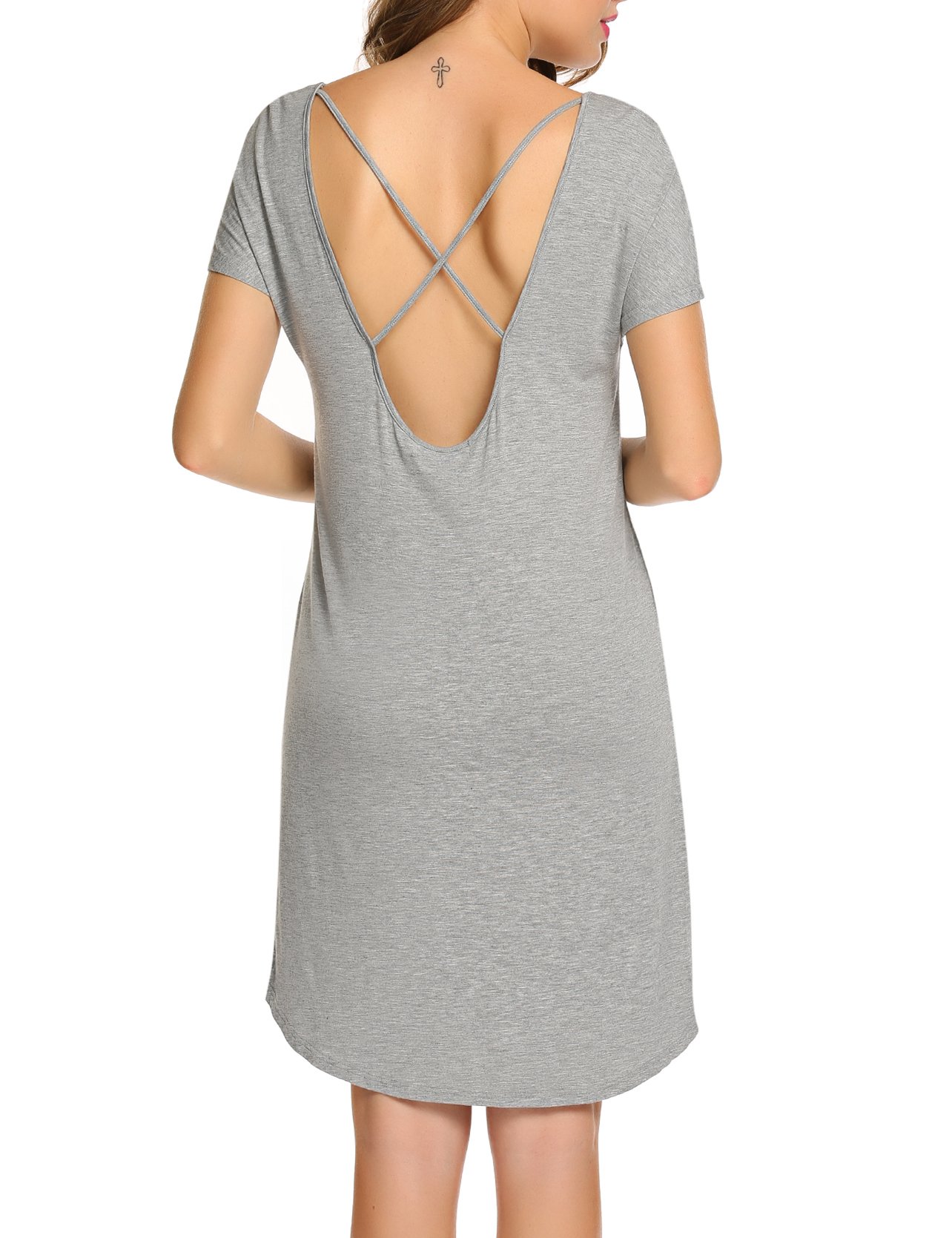 Ekouaer Women\'s Nightgown Sleepwear Sleep Shirt Sexy Cross Back Short Sleeve Nightshirt Pajama With Eyeshade S-XXL