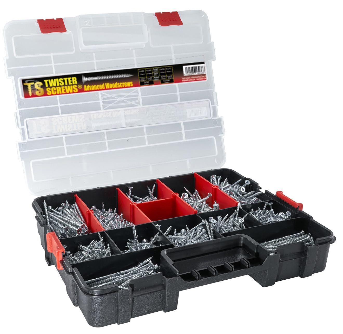 Twister Screws MultiBox 1280-Piece Wood Screw Assortment, 12 Sizes, Zinc-Coated, Self-Countersinking, Type 17 Point, Pozi Drive, Includes 5 PZ2 Bits, Organiser Box