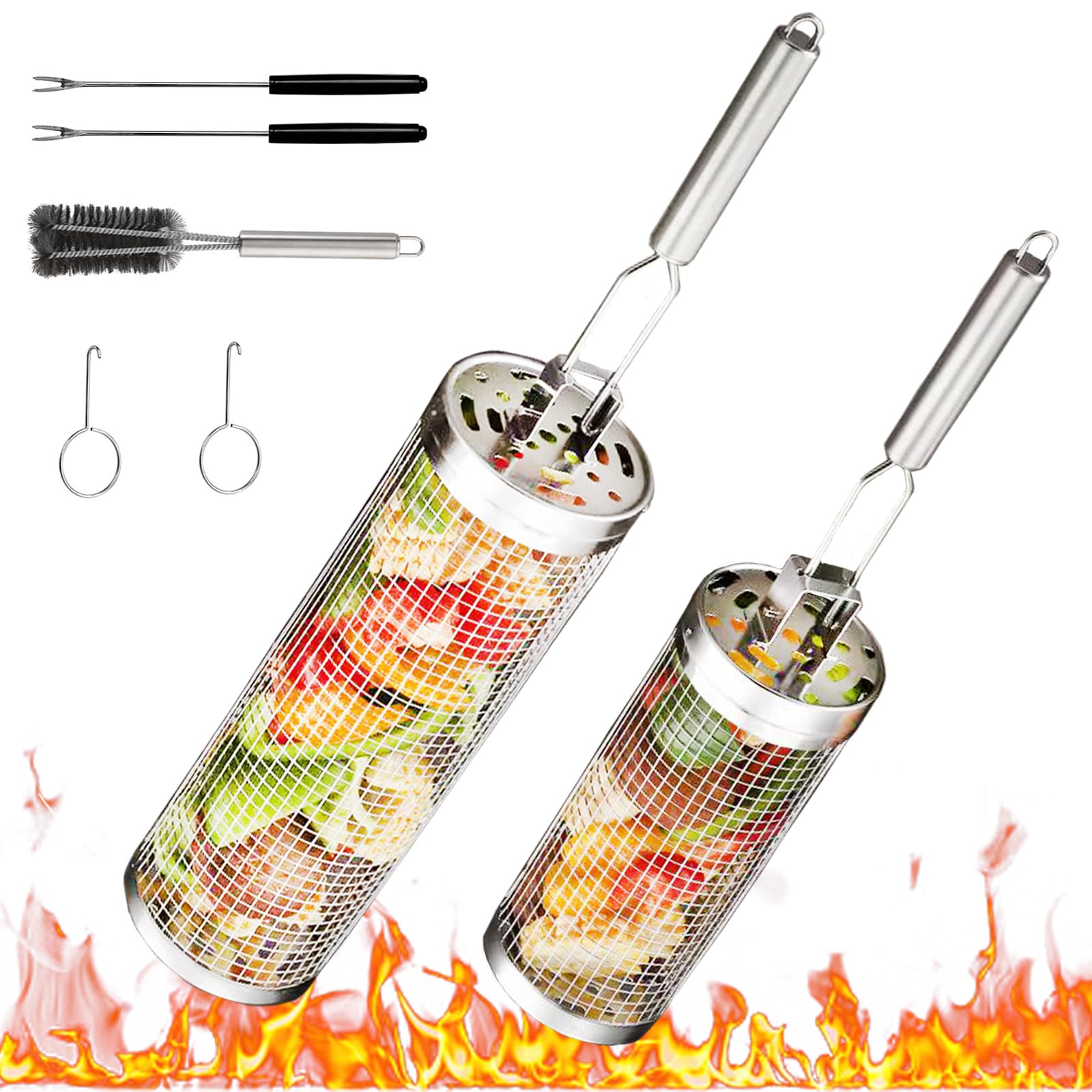 Set of 2 Stainless Steel Grill Baskets with Removable Handle, Cylindrical Grill Basket, One Large 33 x 9.5 cm + One Small 24 x 8.5 cm, Rolling Grill Basket, Barbecue Accessories, Camping and Patio