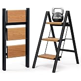SOLADDER 3 Step Ladder, Folding Step Stool, Black &amp; Woodgrain | Wide Anti-Slip Steps and a Foldable, Space-Saving Design for Adults to Use in Kitchens, Closets, Library,300 lbs