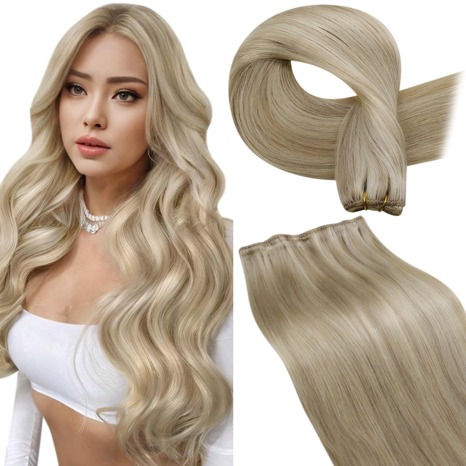 LaaVoo Weft Hair Extensions Real Human Hair 100g 20 Inch Blonde Sew in Hair Extensions Full Head Straight Highlight Golden Blonde Remy Invisible Double Weft Weave #16/22