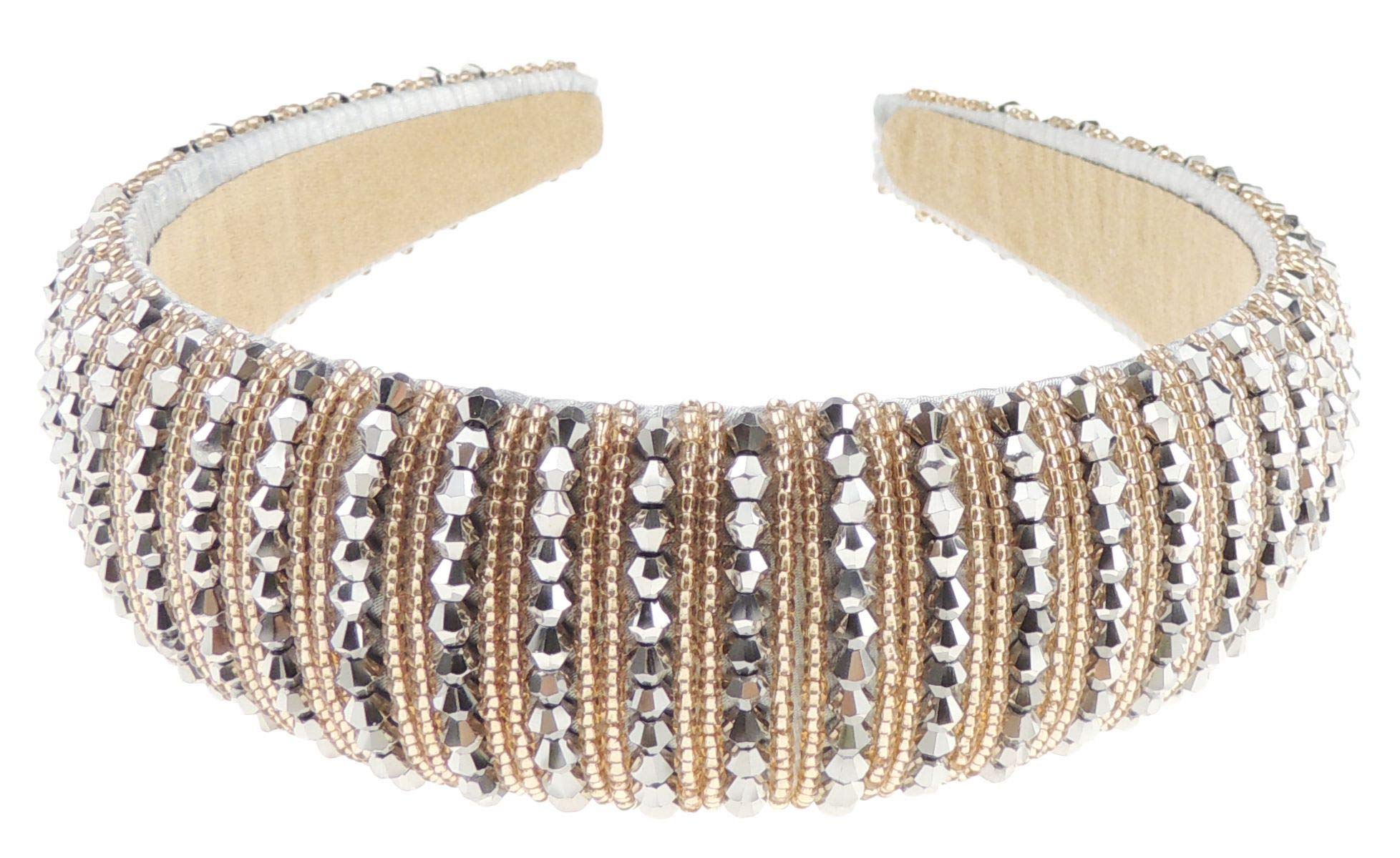 Womens Sparkly Beaded Rhinestone Embellished Jeweled Crystal Wide Thick Padded Evening Formal Occasion Christmas Birthday Wedding Bridal Party Headband Alice Band Hairband (Silver Gold, One Size)