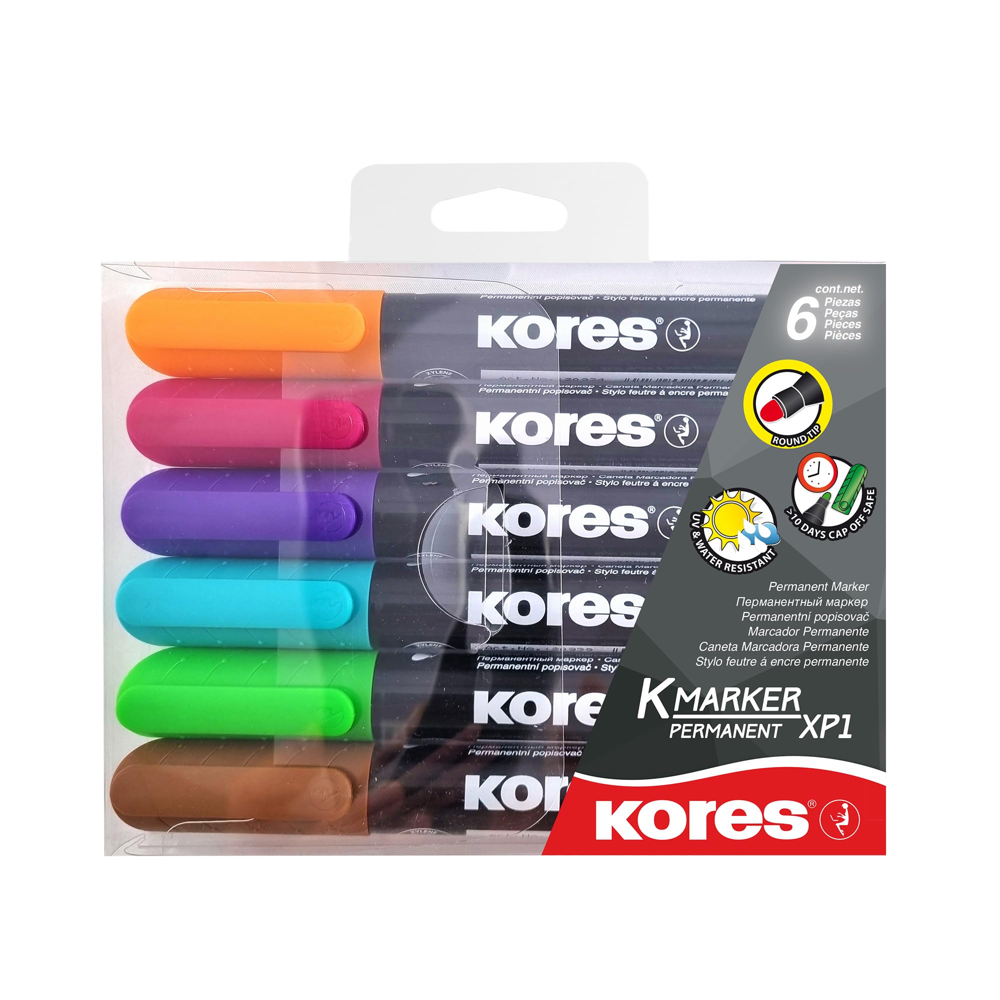Kores - Coloured Permanent Marker Pens - K-Marker XP1, Round Tip with Low-Odour Ink - Waterproof Marker Pens for All Surfaces - Back to School Supplies, Office Supplies - Pack of 6 in Assorted Colours
