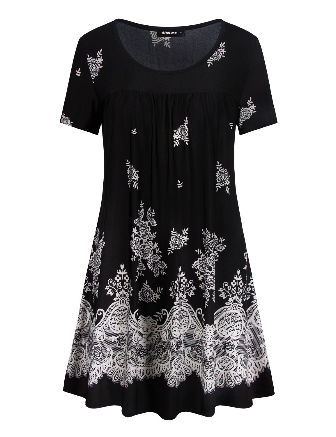 Altelime Printed Tunic Tops for Women, Short Sleeve Shirts Scoop Neck Floral Printed Tunic Blouses for Leggings for Women Casual Summer Clothes (Black,XXL)