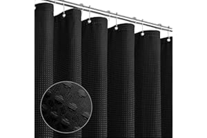 MitoVilla Black Waffle Fabric Shower Curtain, Heavyweight Hotel-Grade Cloth Shower Curtain for Modern Country Bathroom Decor, Waterproof & Wrinkle Resistant, 72 x 72