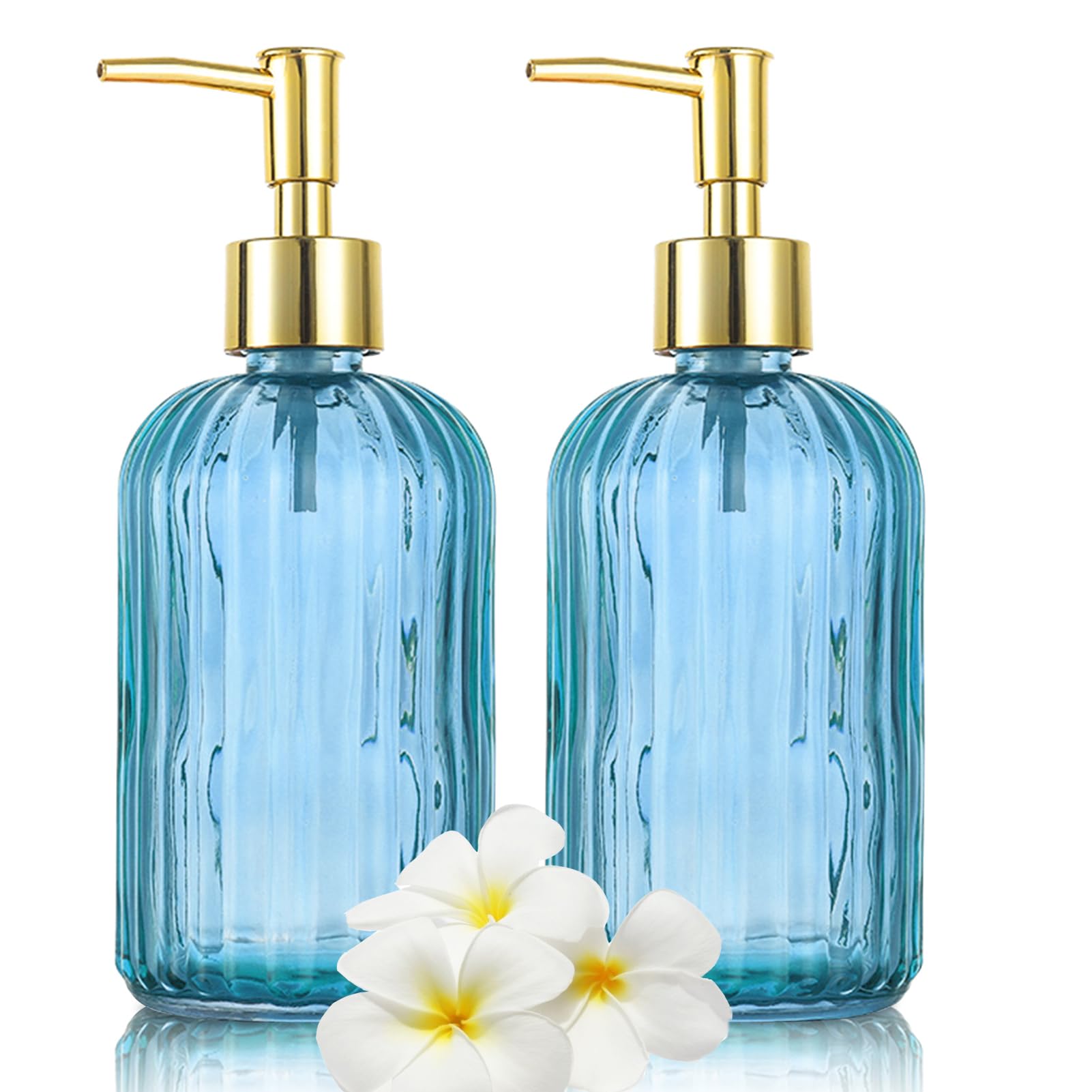 Glass Soap Dispenser Bottle with Pump, Versatile 14 Oz Dripless Pump Bottle, Refillable Liquid Hand Jar Dispenser for Bathroom, Countertop, Kitchen, Laundry Room (Blue, 2 Pack)
