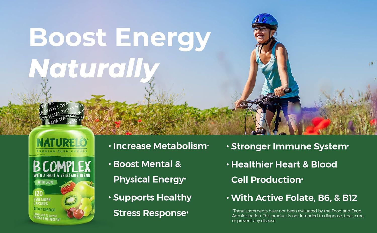 NATURELO B Complex - Whole Food - with Vitamin B6, Folate, B12, Biotin - Vegan - Vegetarian - Best Natural Supplement for Energy and Stress - High Potency - Non GMO - Gluten Free - 120 Capsules: Health & Personal Care