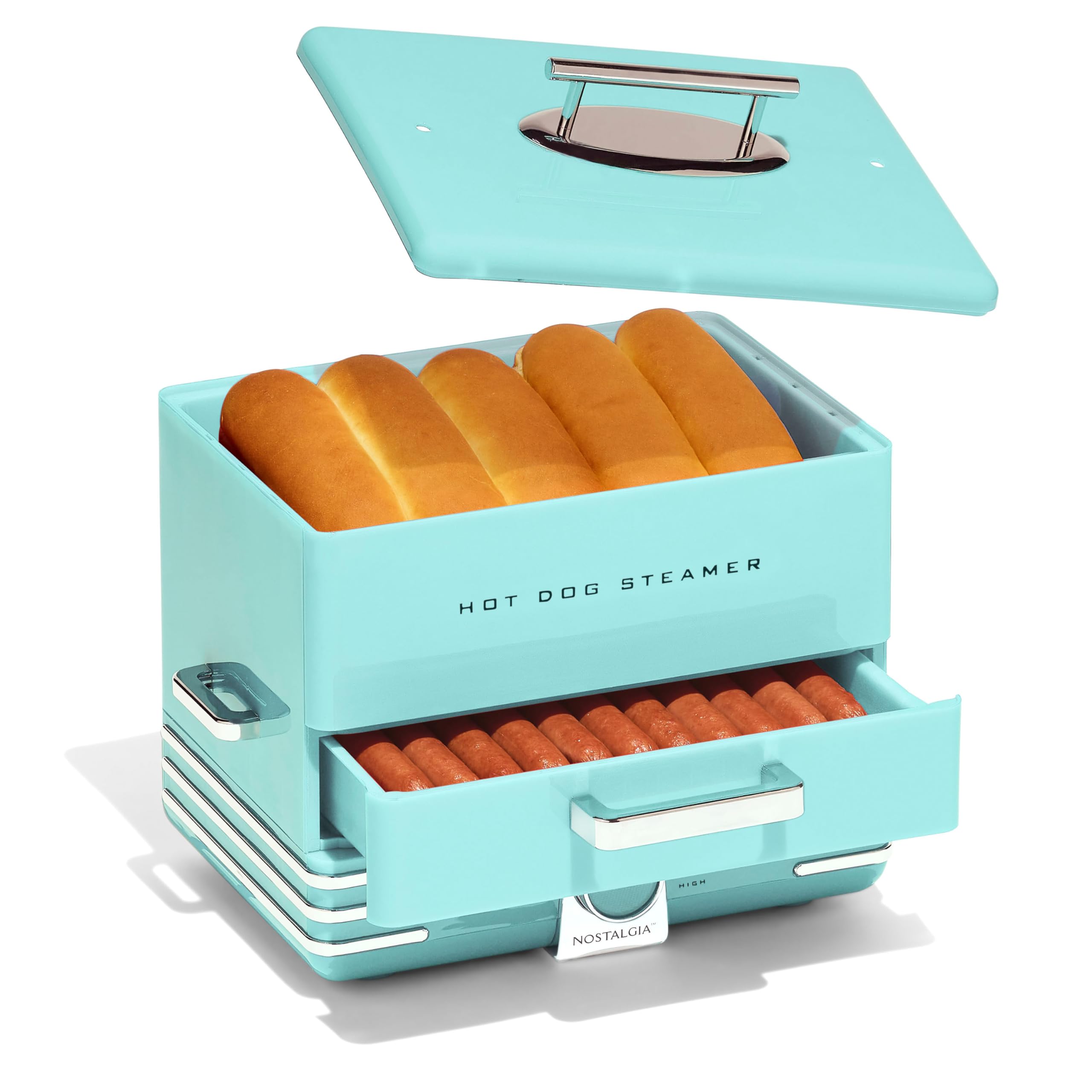 Photo 1 of ***RED***Nostalgia Extra Large Diner-Style Steamer, 20 Hot Dogs and 6 Bun Capacity, Perfect for Breakfast Sausages, Brats, Vegetables, Fish, Aqua