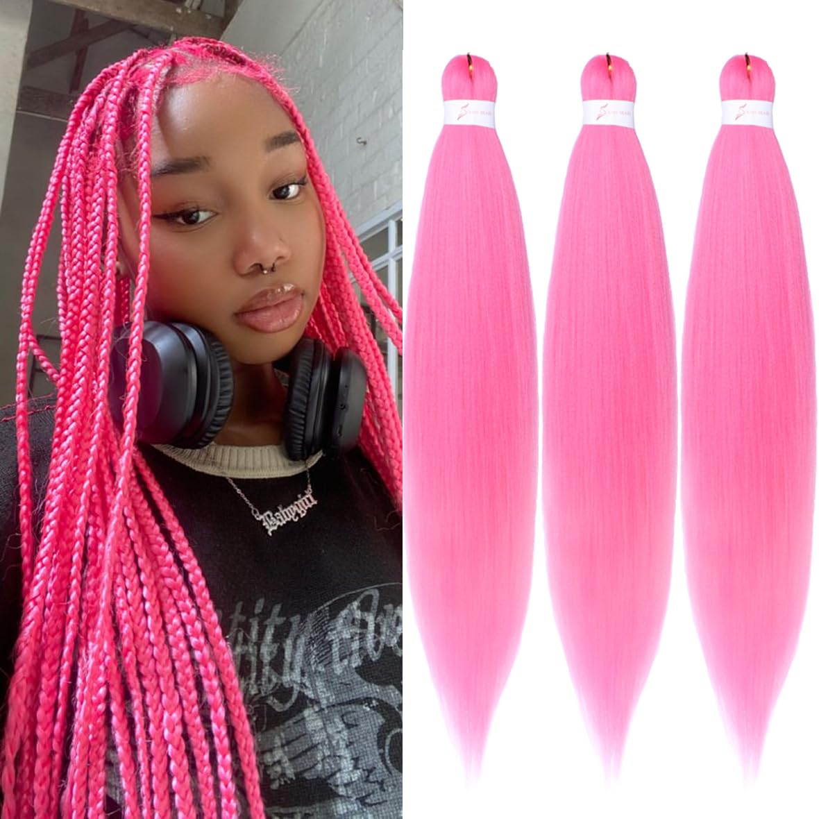 Leeven Pre-Stretched Braiding Hair 26 Inch Yaki Texture Pink Box Braids Extensions for Crochet Installation โ image 1