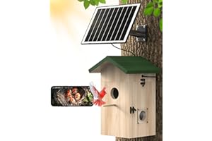 KinetCam Bird House with Camera Solar Powered, 2K HD Wi-Fi Bird Watching Cam for Birdhouse, Auto Detect & Notify, Night Vision, APP Control, Wooden Birdhouse with Camera Inside