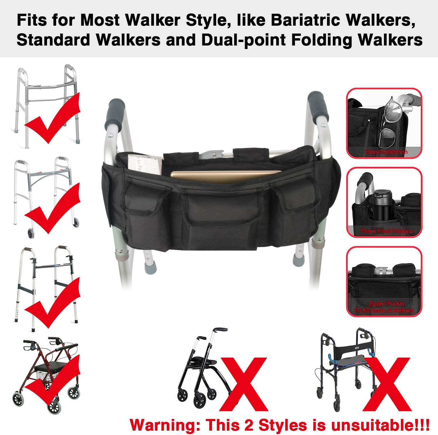 Walker Bag Hand Free Storage Bag Walker Attachment Handicap Basket Pouch for Rollator, Wheelchair, Folding Walkers (Black-Style 2): Health & Personal Care