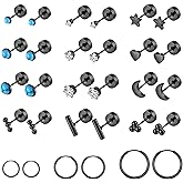 Surgical Stainless Steel Flat Back Stud Earrings for Women Men Hypoallergenic Hoop Earrings for Cartilage Helix Lobes Multiple Piercing jewerly Screw Back Earring Set Silver/Gold/Black