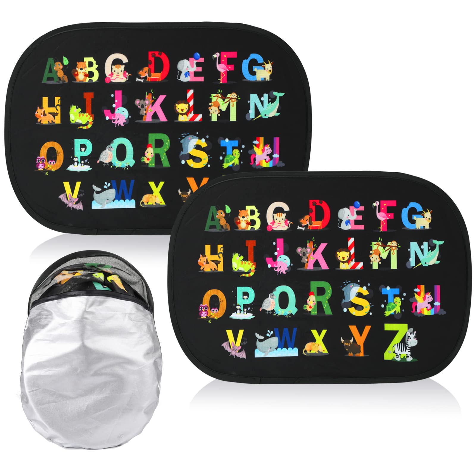 2Pack Alphabet Animals Car Sun Shade - Static Cling Rear Sunshades for Most Vehicles, Protects Baby, Kids, Adults, Pets, Blocks UV Rays