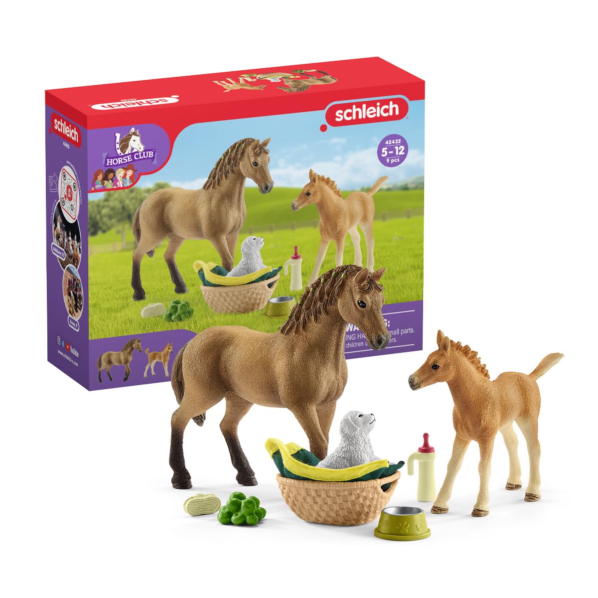 schleich Horse Club 42432 Sarah's Baby Horse Animal Care Figurine Toy Set - Little Farm Care Horse, Foal, and Puppy with Accessories Play Toy Set for Boys and Girls - Horse Toys Gift for Kids Age 5+