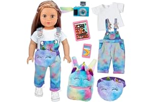 AK KYC 7 Pcs American 18 Inch Doll Clothes and Accessories - 18 Inch Doll Clothes Set with Doll Backpack, Waist Bag, Cell Pho