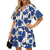 lazvmu Women's Summer Button Down Shirt Dress Floral Puff Short Sleeve Casual Loose Fit Beach Mini Dresses