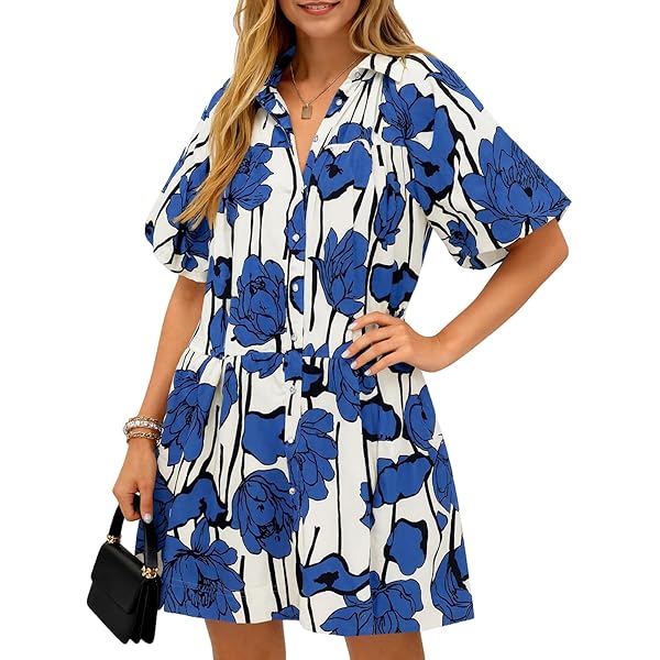 LROSEY Summer Floral Shirt Dress Casual Flowy Flower Short Sleeve V Neck A  Line Short Dresses for Women Beach Vacation at Amazon Women's Clothing store