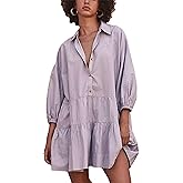 Mingzhu Womens Summer Tiered Puff Sleeve Shirtdress Flowy A-line Babydoll Mini Dress
