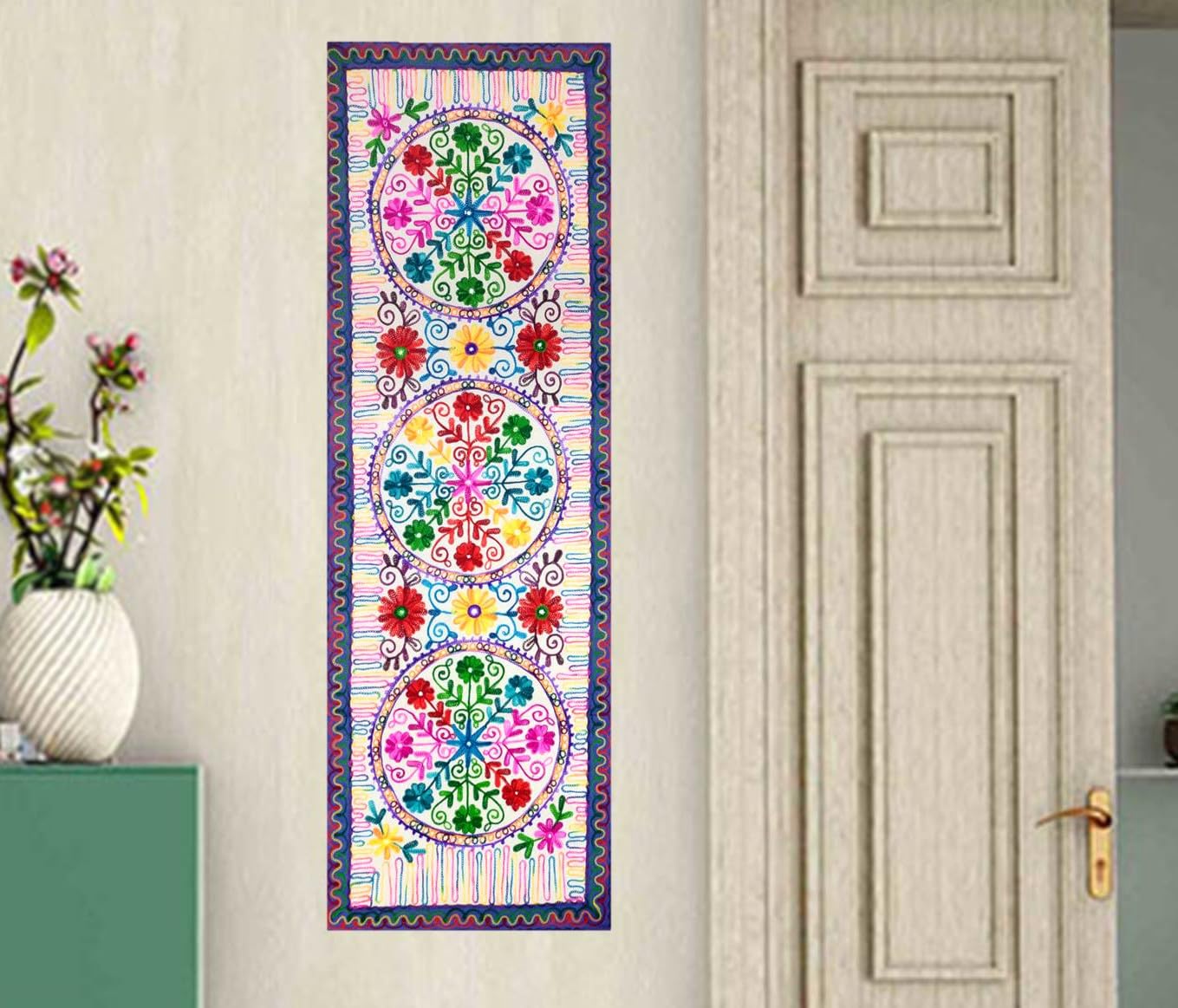 Purpledip Cotton Tapestry 'Floral Chakras': Vintage Embroidery Table Runner or Wall Hanging (12076)