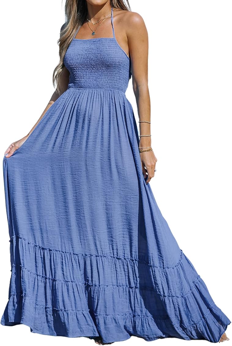 CUPSHE Women's Solid Smocked Maxi Dress Straight Neck Spaghetti Straps  Casual Dress Blue at Amazon Women's Clothing store