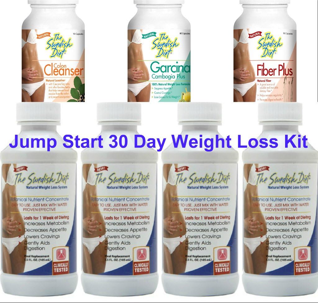 Jump Start Weight Loss 30 Day Kit | 4 bottles of The Swedish Diet Liquid Meal Replacement and 1 each of the Colon Cleanser, Fiber Plus and Garcinia Cambogia for Quick and Effective Results