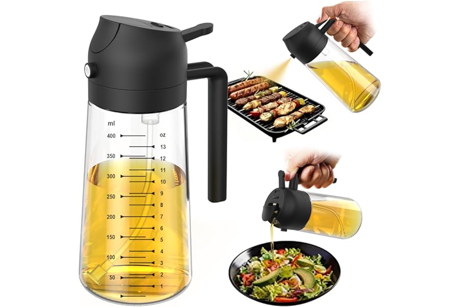 TrendPlain 16oz/470ml Glass Olive Oil Sprayer for Cooking – 2 in 1 Olive Oil Dispenser Bottle for Kitchen Gadgets and Air Fry Book
