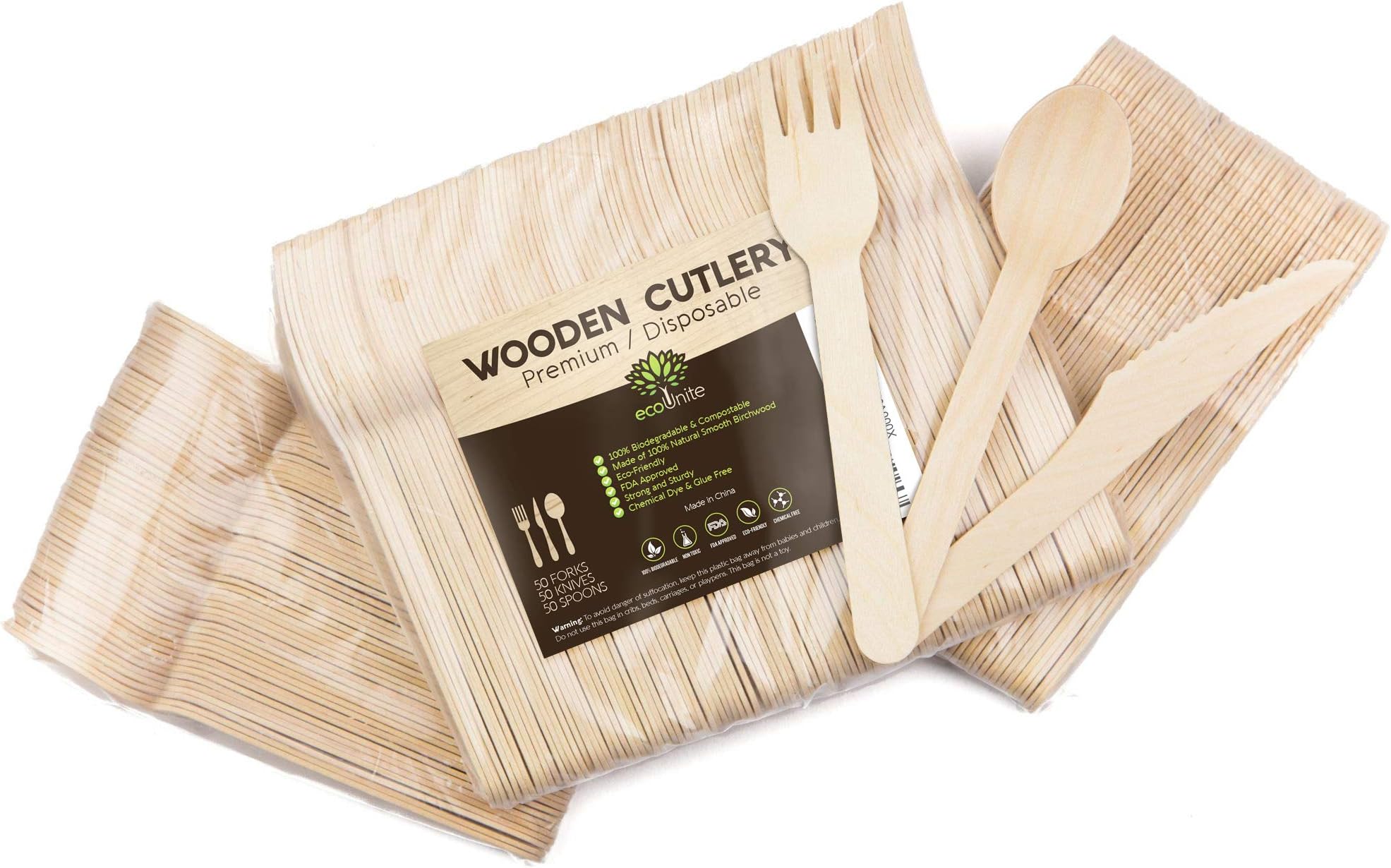 Wooden Compostable Utensils Set - Biodegradable Disposable Cutlery [150-Pack] 6.5in 100% Birchwood, Eco-Friendly, Recyclable. Great Alternative For Plastic, Bamboo, Silverware 50 spoons, knives, forks