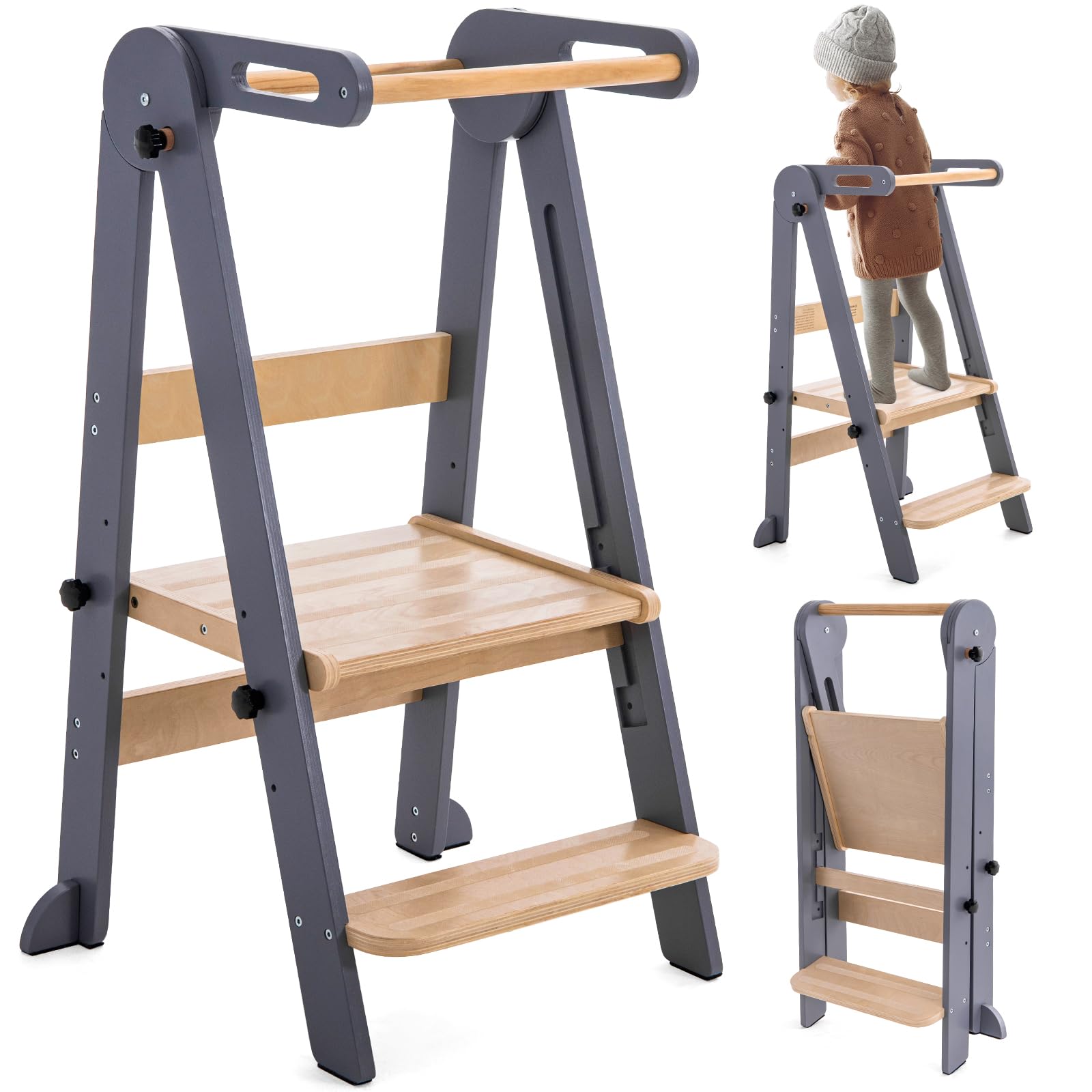 Photo 1 of Gewitt Foldable Toddler Kitchen Stool Helper - Adjustable Height Folding Toddler Standing Tower, Kids Helper Stool with Safty Rail for Kitchen Counter Bathroom (Grey)