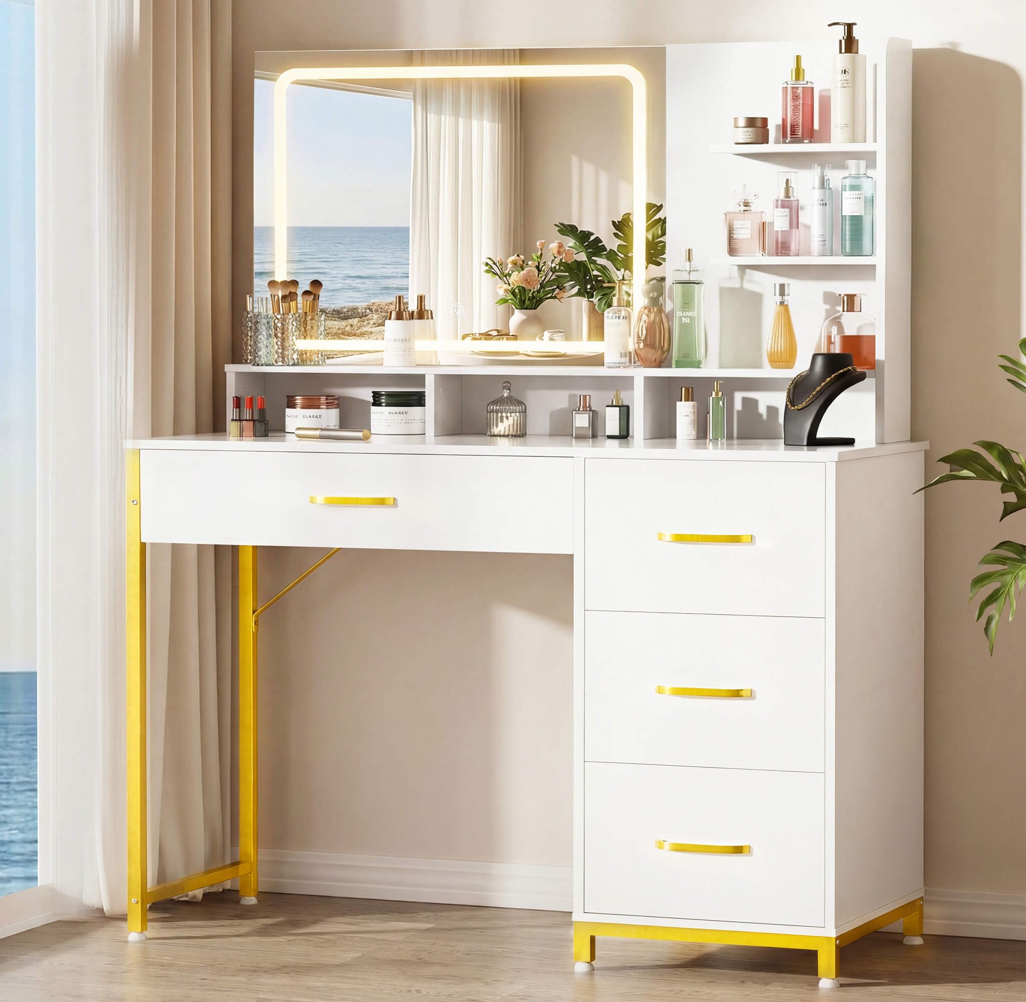 Photo 1 of **Similar item - MISSING THE MIRROR**
COMHOMA Vanity Desk with Mirror and Lights, Makeup Vanity Table with 4 Drawers & Storage Shelves, Large HD Mirror, 3 Color Modes & Adjustable Brightness, Modern Dressing Table for Bedroom, Pearl White