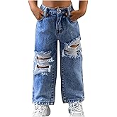 WDIRARA Toddler Girl's Ripped Straight Leg Crop Jeans Elastic Waist Denim Pants with Pockets