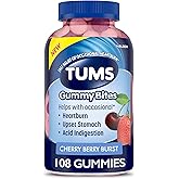 TUMS Gummy Bites Dietary Supplement for Occasional Heartburn Relief, Upset Stomach and Acid Indigestion, Cherry Berry Burst - 108 Count