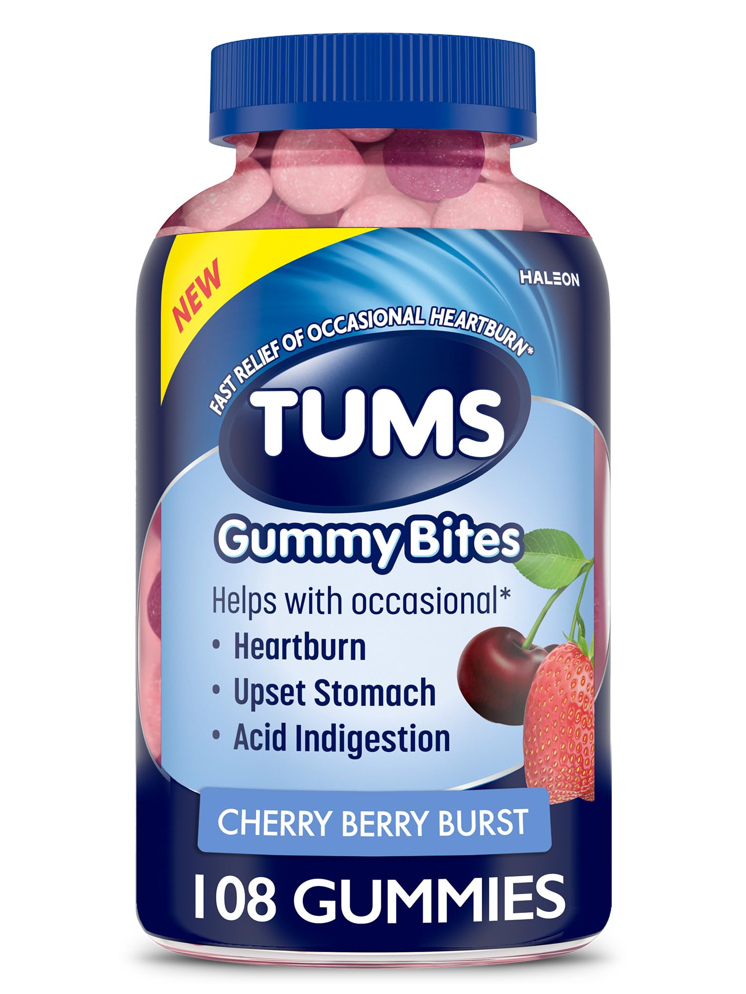 TUMS Gummy Bites Dietary Supplement for Occasional Heartburn Relief, Upset Stomach and Acid Indigestion, Great for a Summer BBQ - Cherry Berry Burst - 108 Count