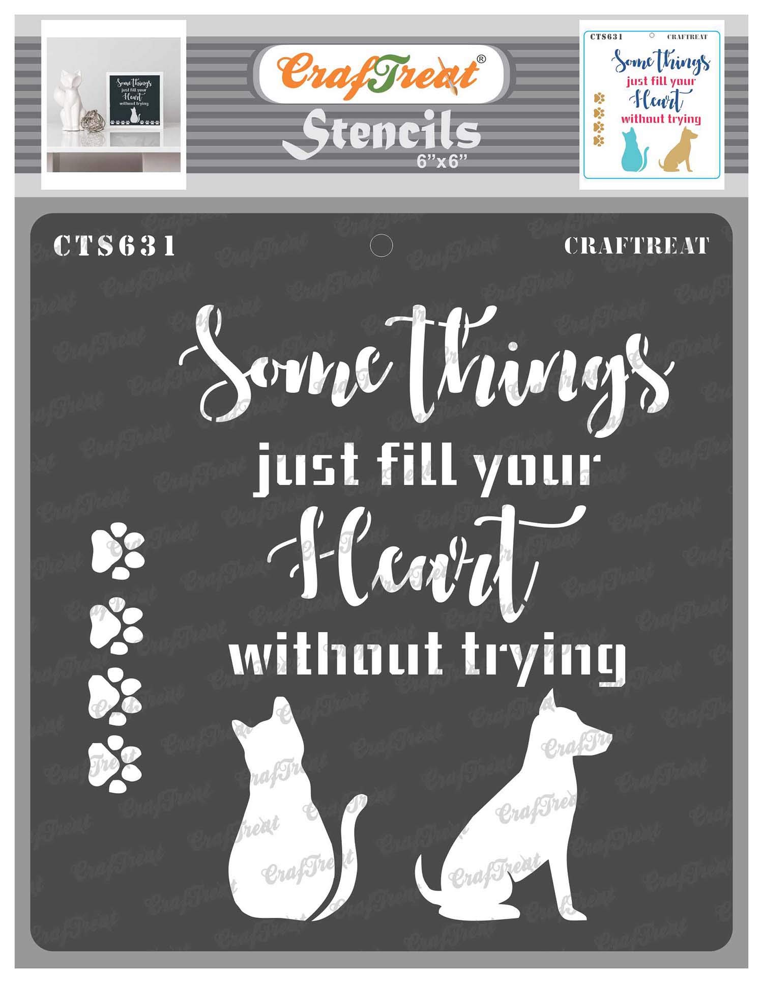 CrafTreat Reusable Quote Stencils for Crafts Vintage - Cat and Dog Stencil - Size: 6X6 Inches - Paw Print Stencil for Furniture Painting - Home Decor Stencils for Painting on Concrete, Canvas