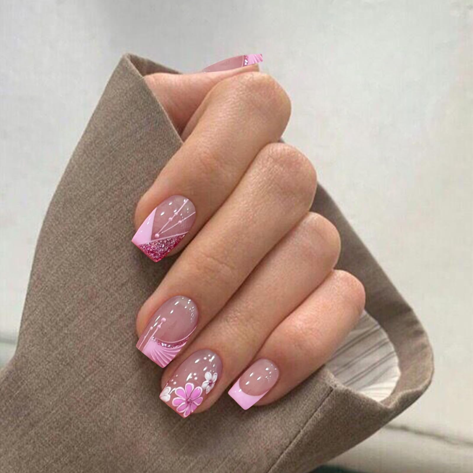 YOSOMMK French Flower Fake Nails Square Short Press on Nails with Glitter Sequins Designs Glossy False Nails Pink Stick on Acrylic Nails for Women and Girls - Image 3