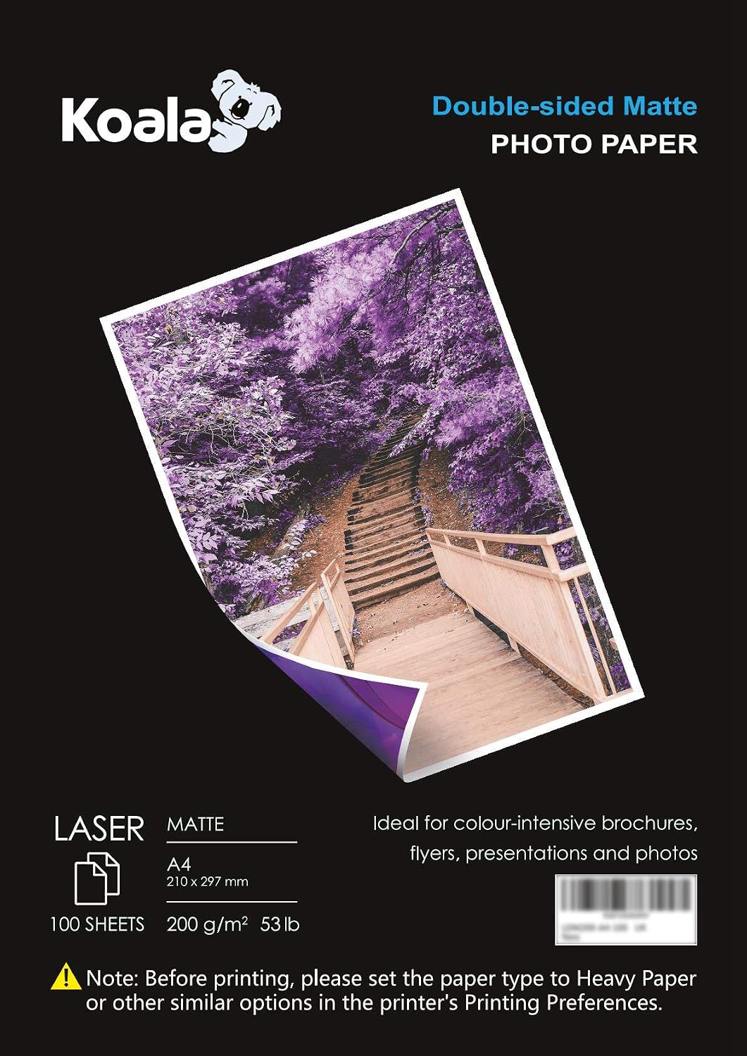 KOALA Double Sided Matte Laser Photo Paper A4, 200gsm, 100 Sheets. Suitable for Laser Printer for Printing Photos Brochures